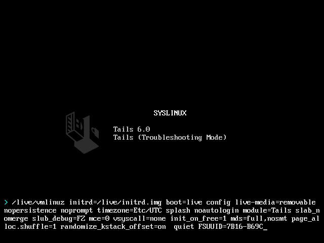 SYSLINUX with
 a list of options starting with '/live/vmlinuz' at the bottom