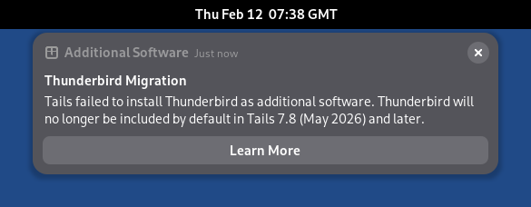 Thunderbird Migration: Tails failed to install Thunderbird as additional software.